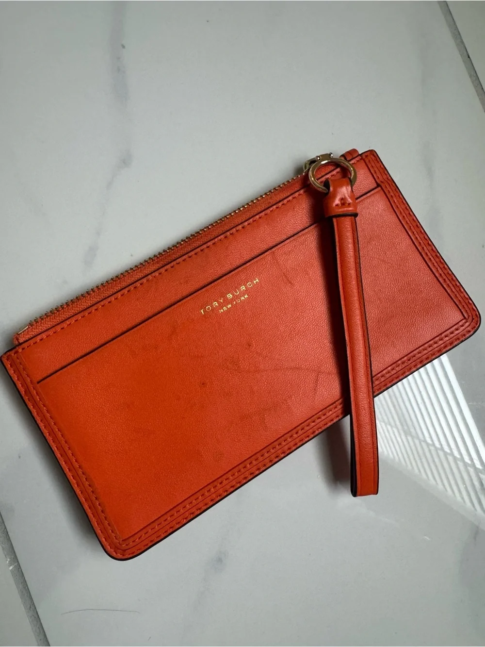 Tory Burch Orange Leather Wristlet Clutch with Gold Logo